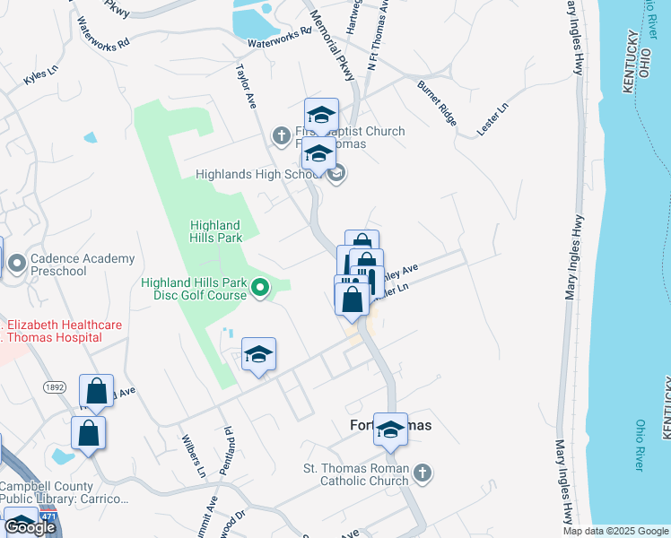 map of restaurants, bars, coffee shops, grocery stores, and more near 131 North Fort Thomas Avenue in Fort Thomas