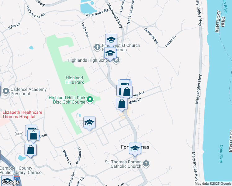 map of restaurants, bars, coffee shops, grocery stores, and more near 131 North Fort Thomas Avenue in Fort Thomas