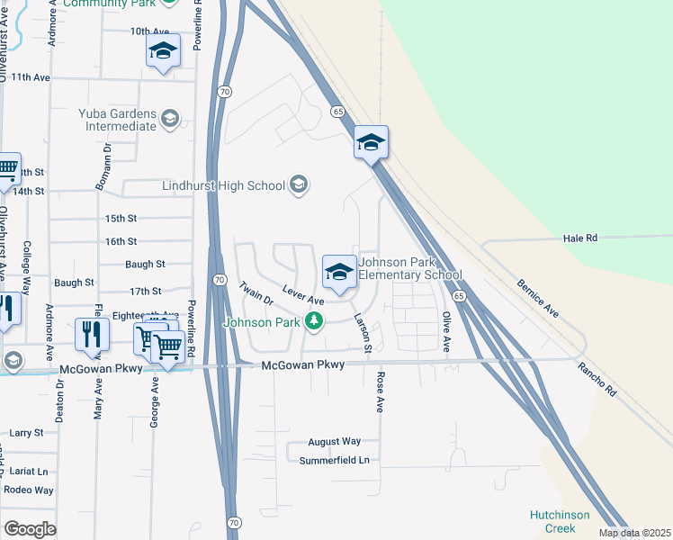 map of restaurants, bars, coffee shops, grocery stores, and more near 4364 Lever Avenue in Olivehurst