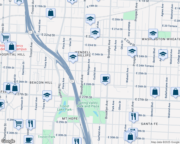 map of restaurants, bars, coffee shops, grocery stores, and more near 2501 Michigan Avenue in Kansas City