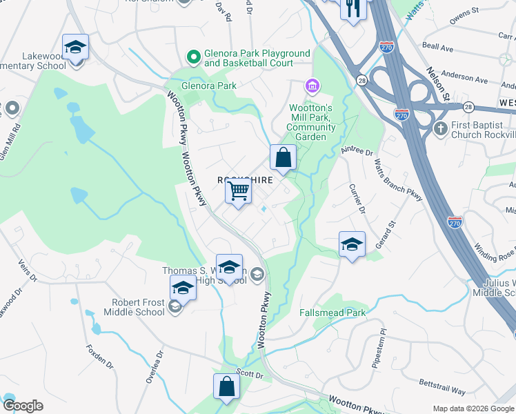 map of restaurants, bars, coffee shops, grocery stores, and more near 798 Gormley Drive in Rockville
