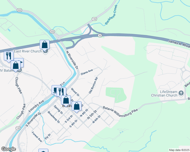 map of restaurants, bars, coffee shops, grocery stores, and more near 499 Old Boston Road in Batavia