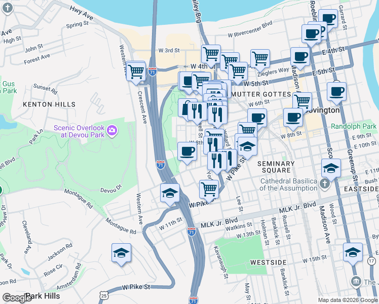 map of restaurants, bars, coffee shops, grocery stores, and more near 813 Bakewell Street in Covington