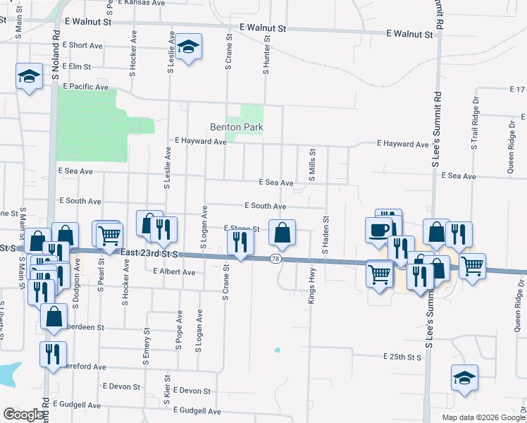 map of restaurants, bars, coffee shops, grocery stores, and more near 1103 East South Avenue in Independence