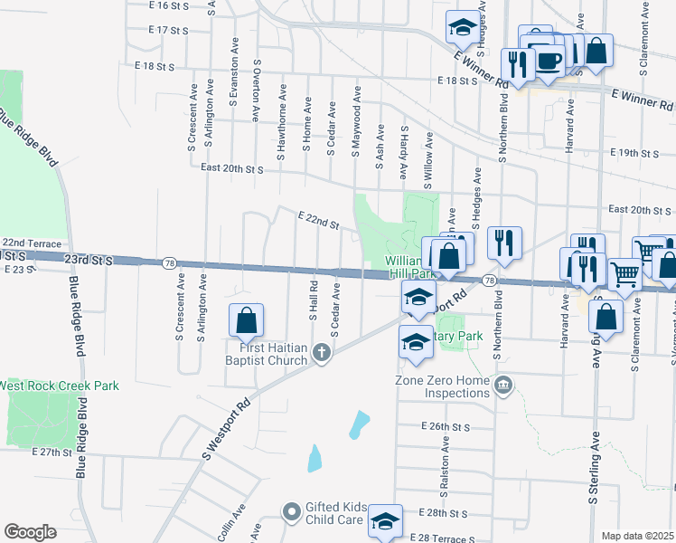 map of restaurants, bars, coffee shops, grocery stores, and more near 10104 East 23rd Street South in Independence