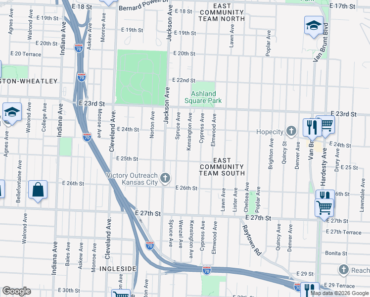 map of restaurants, bars, coffee shops, grocery stores, and more near 2431 Kensington Avenue in Kansas City