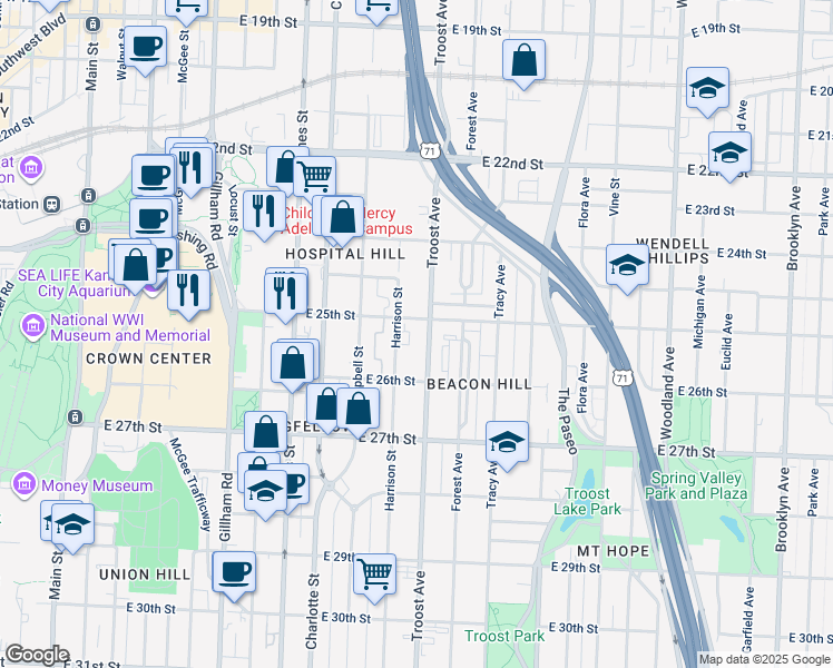 map of restaurants, bars, coffee shops, grocery stores, and more near 2510 Harrison Street in Kansas City