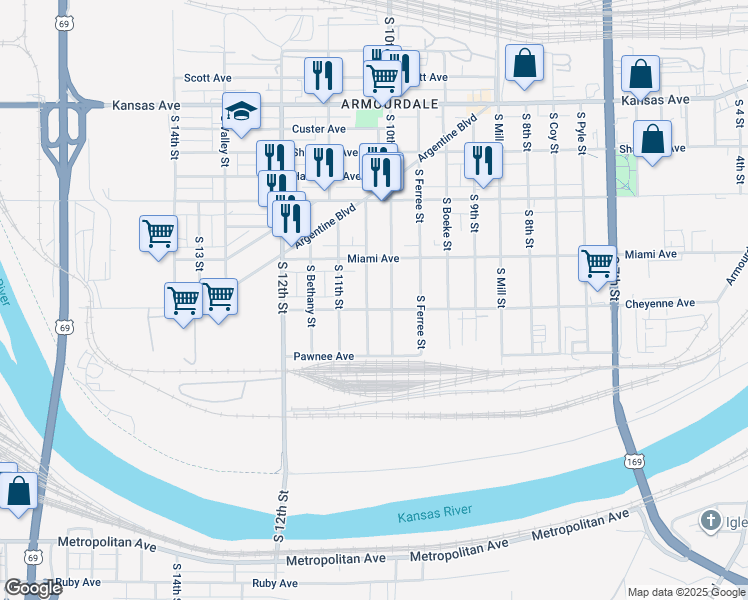 map of restaurants, bars, coffee shops, grocery stores, and more near 1018 Cheyenne Avenue in Kansas City