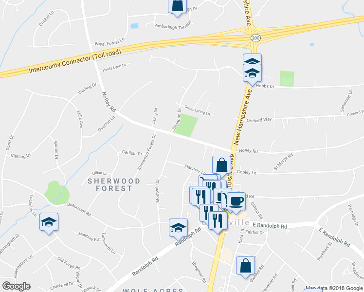 map of restaurants, bars, coffee shops, grocery stores, and more near 13750 Notley Road in Silver Spring