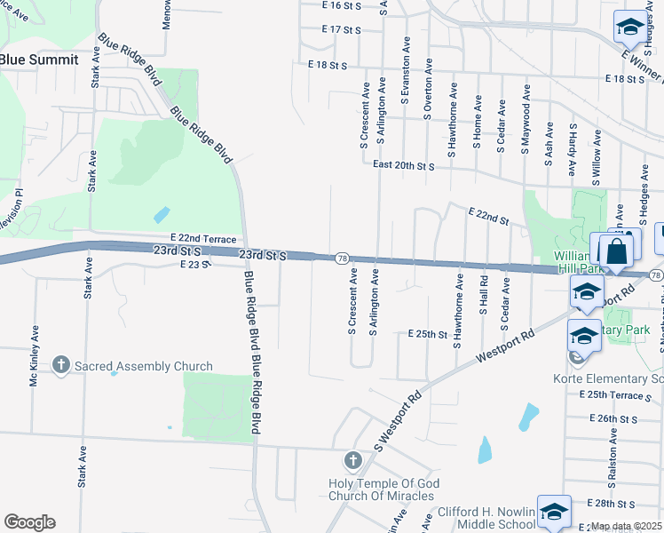 map of restaurants, bars, coffee shops, grocery stores, and more near 9417 23rd Street South in Independence