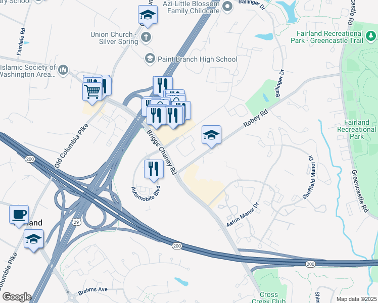 map of restaurants, bars, coffee shops, grocery stores, and more near 3340 Teagarden Circle in Silver Spring