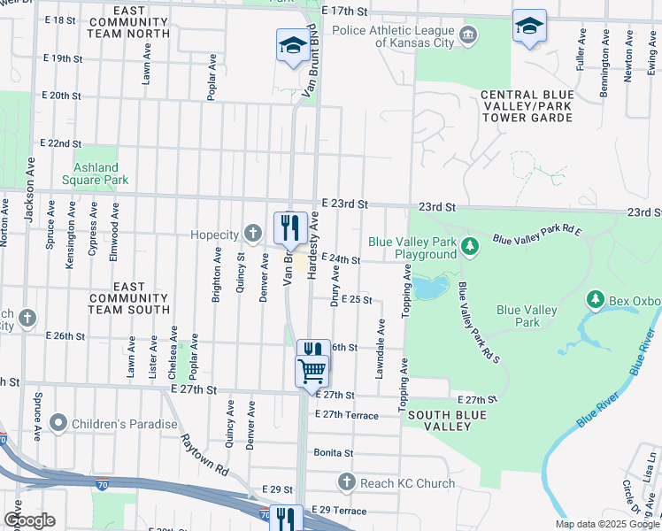 map of restaurants, bars, coffee shops, grocery stores, and more near 2406 Drury Avenue in Kansas City