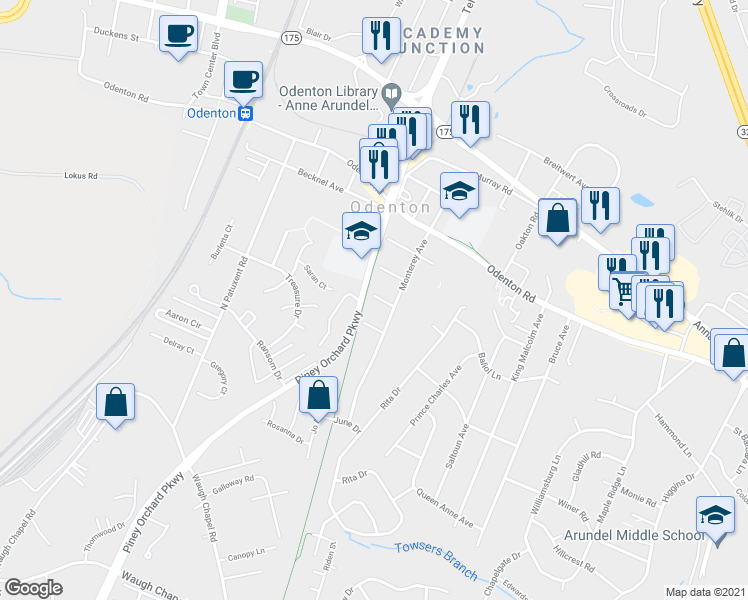 map of restaurants, bars, coffee shops, grocery stores, and more near 1307 Darwin Street in Odenton