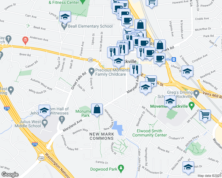 map of restaurants, bars, coffee shops, grocery stores, and more near 129 South Adams Street in Rockville