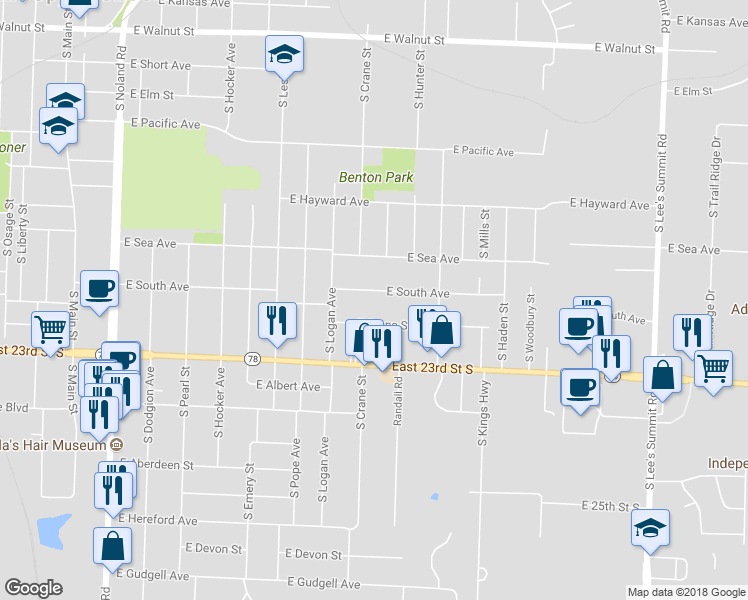 map of restaurants, bars, coffee shops, grocery stores, and more near 937 East South Avenue in Independence