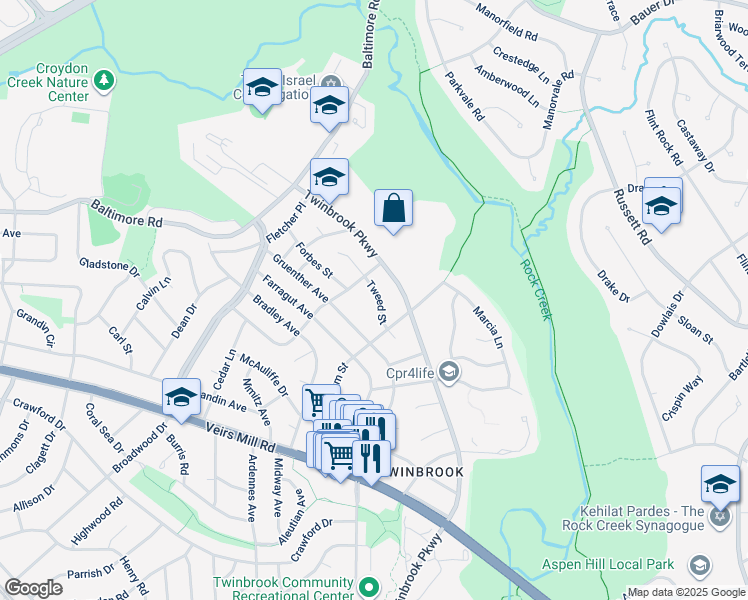 map of restaurants, bars, coffee shops, grocery stores, and more near 1707 Tweed Street in Rockville