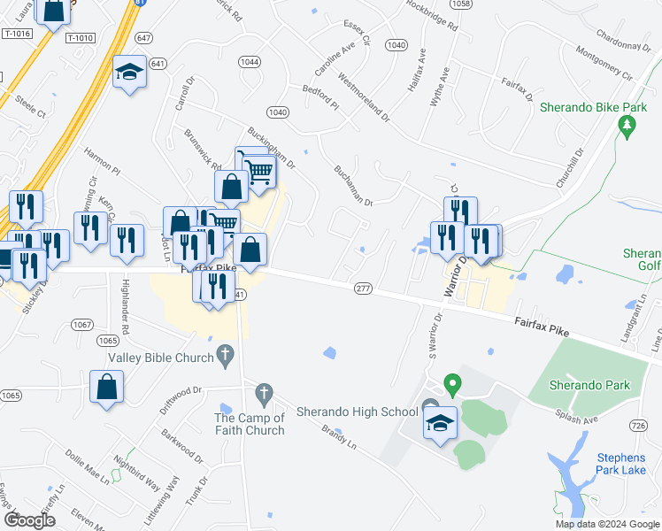 map of restaurants, bars, coffee shops, grocery stores, and more near 107 Georgetowne Court in Stephens City