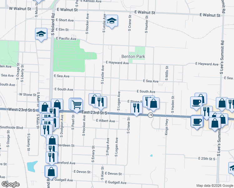 map of restaurants, bars, coffee shops, grocery stores, and more near 911 East South Avenue in Independence
