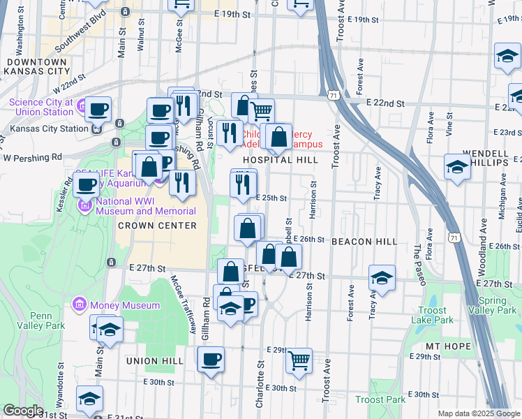 map of restaurants, bars, coffee shops, grocery stores, and more near 2514 Charlotte Street in Kansas City