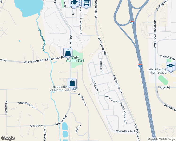 map of restaurants, bars, coffee shops, grocery stores, and more near 17130 Park Trail Drive in Monument
