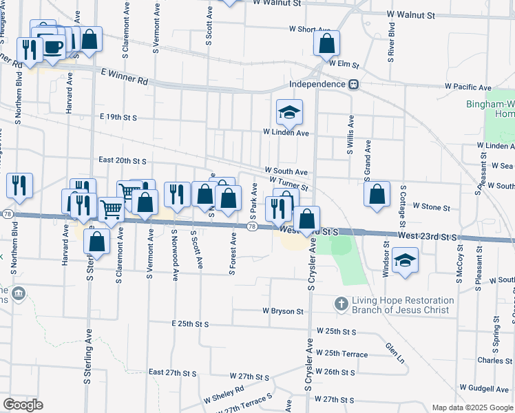 map of restaurants, bars, coffee shops, grocery stores, and more near 1101 South Park Avenue in Independence