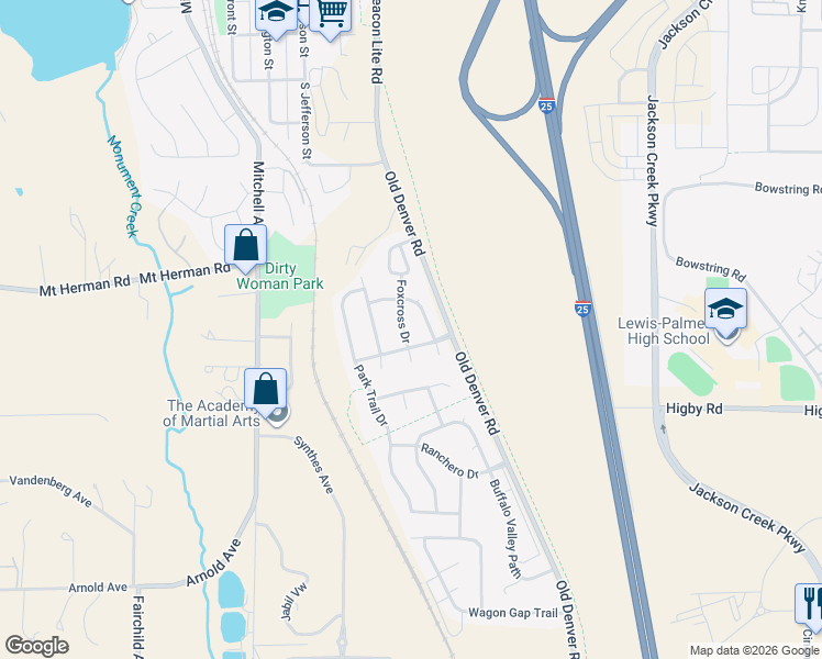 map of restaurants, bars, coffee shops, grocery stores, and more near 17085 Foxcross Drive in Monument