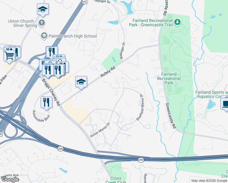 map of restaurants, bars, coffee shops, grocery stores, and more near 3321 Sir Thomas Drive in Silver Spring