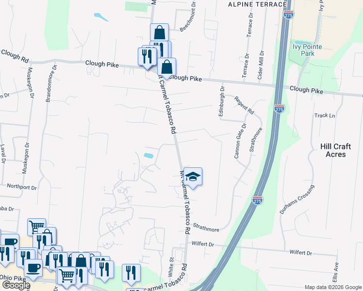 map of restaurants, bars, coffee shops, grocery stores, and more near 4182 Mount Carmel Tobasco Road in Cincinnati