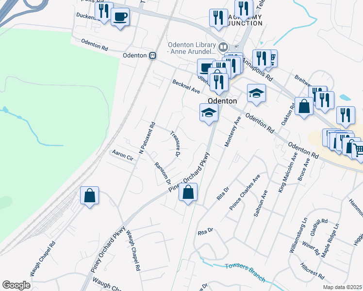 map of restaurants, bars, coffee shops, grocery stores, and more near 1322 Treasure Drive in Odenton