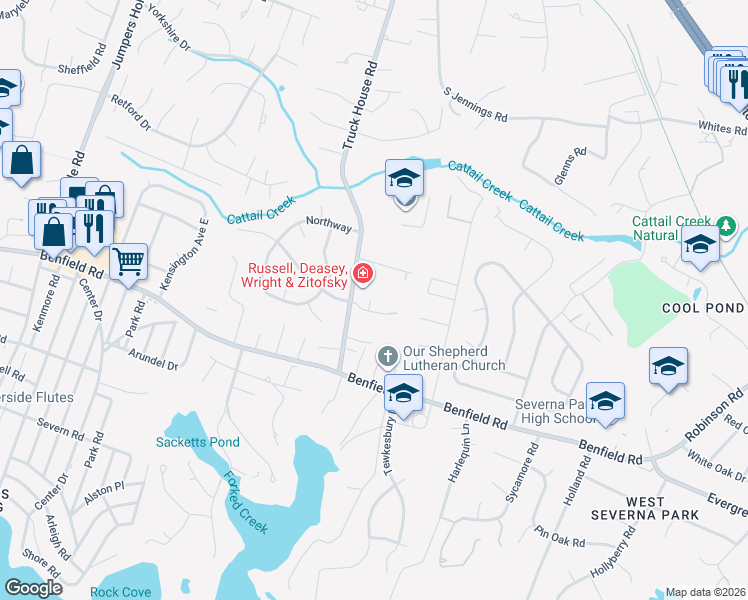 map of restaurants, bars, coffee shops, grocery stores, and more near 402 Colleen Garden Lane in Severna Park