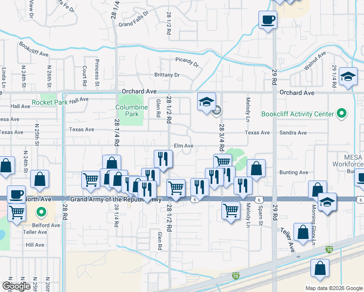 map of restaurants, bars, coffee shops, grocery stores, and more near 2855 Elm Avenue in Grand Junction