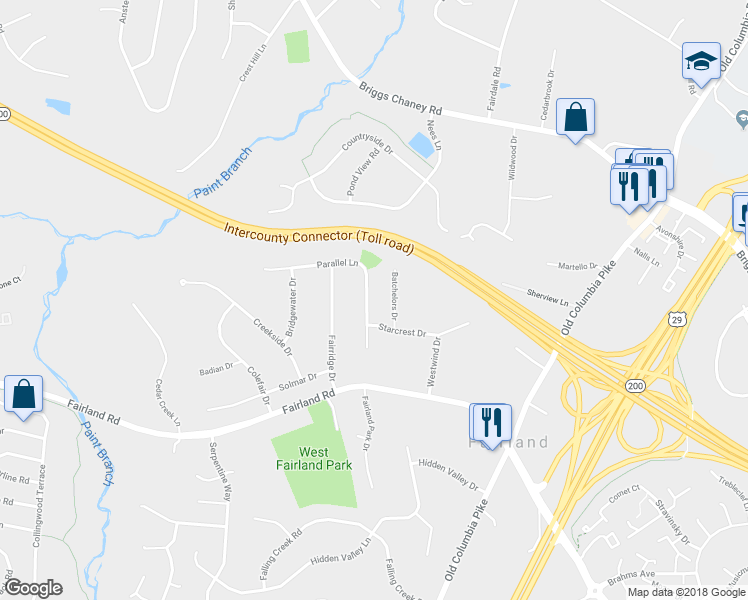 map of restaurants, bars, coffee shops, grocery stores, and more near 2428 Parallel Lane in Silver Spring