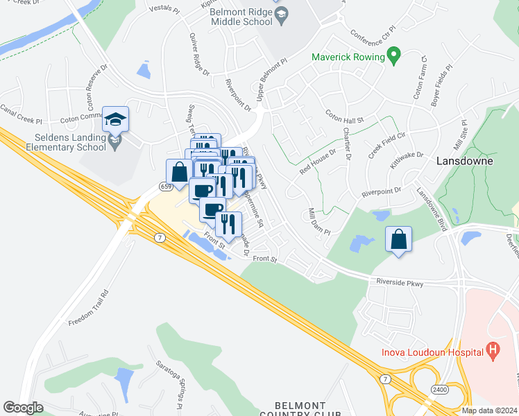 map of restaurants, bars, coffee shops, grocery stores, and more near 19378 Coppermine Square in Leesburg