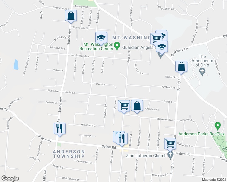 map of restaurants, bars, coffee shops, grocery stores, and more near 6317 Dawes Lane in Cincinnati