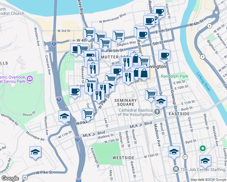 map of restaurants, bars, coffee shops, grocery stores, and more near 257 West Pike Street in Covington
