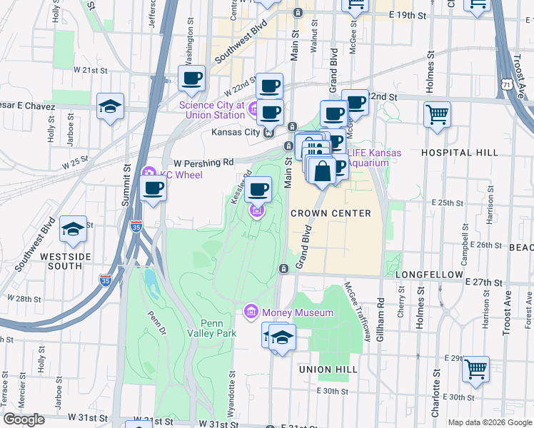 map of restaurants, bars, coffee shops, grocery stores, and more near 2 Memorial Drive in Kansas City