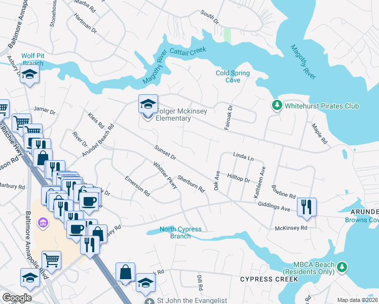 map of restaurants, bars, coffee shops, grocery stores, and more near 199 Grosvenor Lane in Severna Park