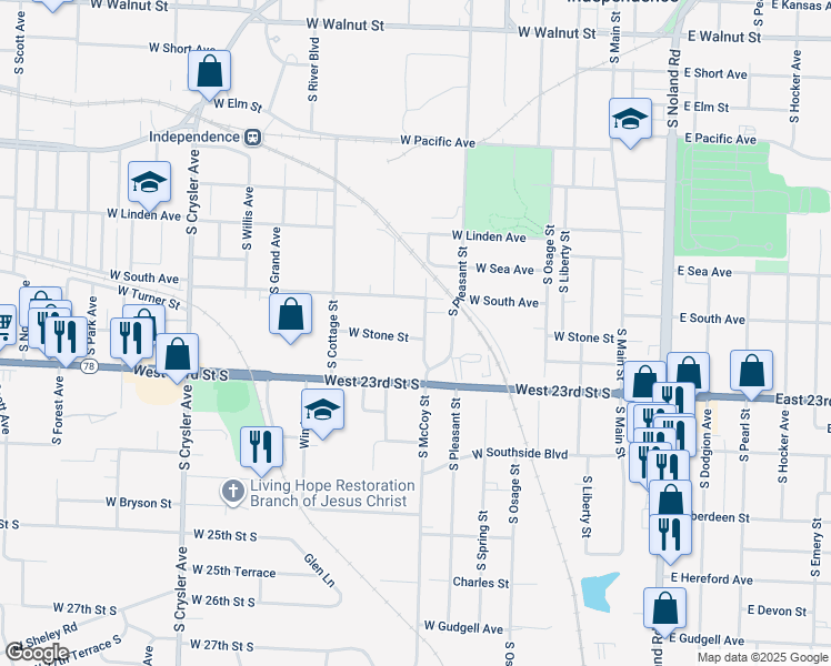 map of restaurants, bars, coffee shops, grocery stores, and more near 1026 South McCoy Street in Independence