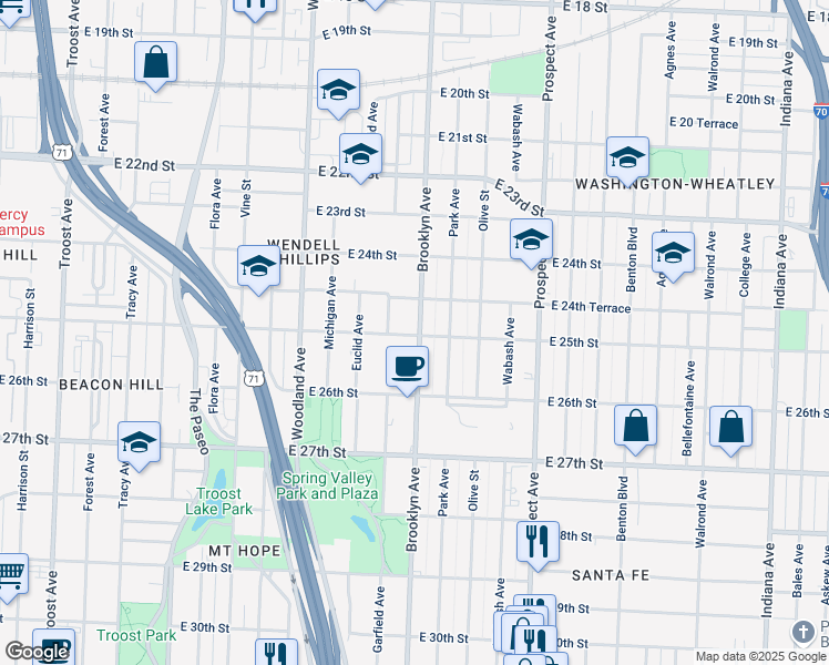 map of restaurants, bars, coffee shops, grocery stores, and more near 2462 Brooklyn Avenue in Kansas City