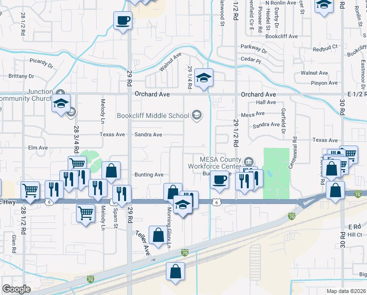 map of restaurants, bars, coffee shops, grocery stores, and more near 29 1/4 Road in Grand Junction