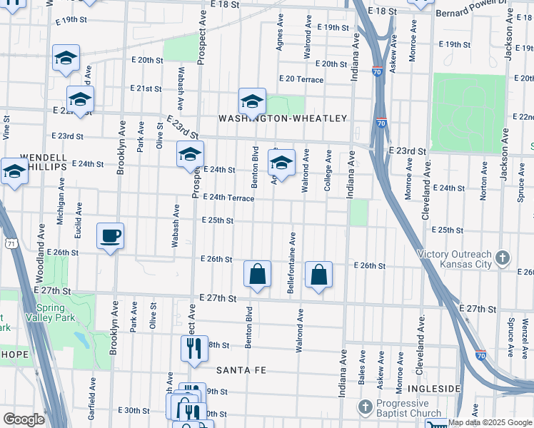 map of restaurants, bars, coffee shops, grocery stores, and more near 2450 Agnes Avenue in Kansas City