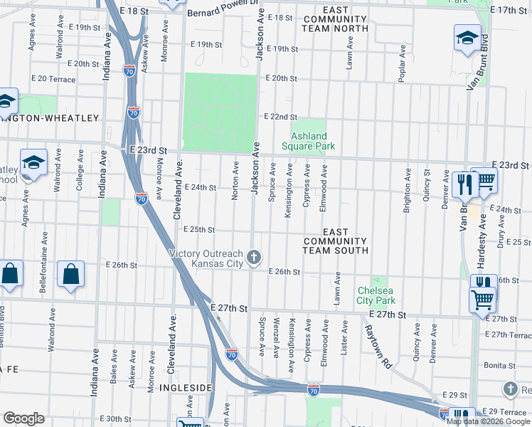 map of restaurants, bars, coffee shops, grocery stores, and more near 2432 Spruce Ave in Kansas City