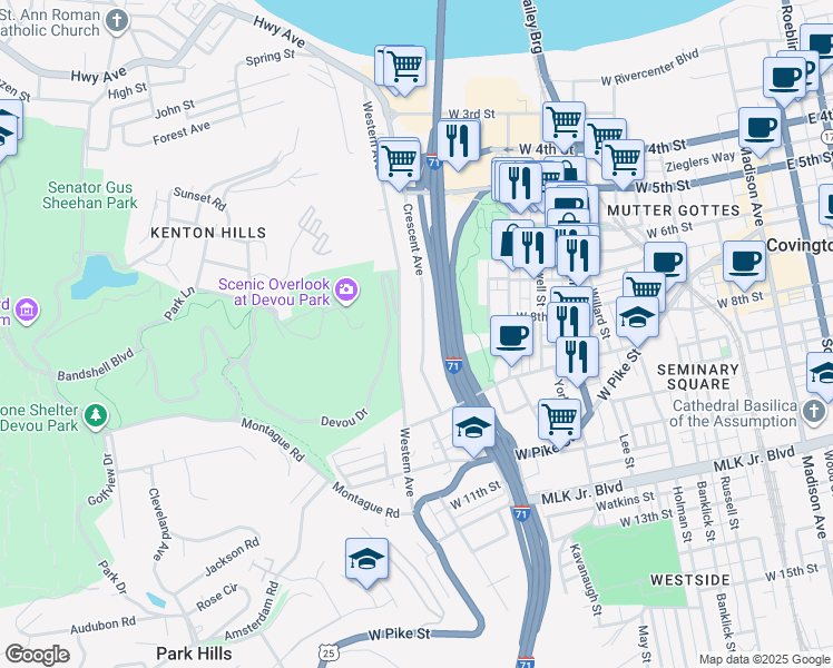 map of restaurants, bars, coffee shops, grocery stores, and more near 801 Crescent Avenue in Covington