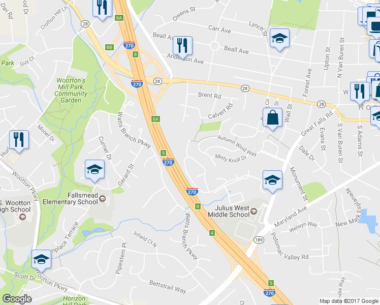 map of restaurants, bars, coffee shops, grocery stores, and more near 5 Blue Hosta Way in Rockville