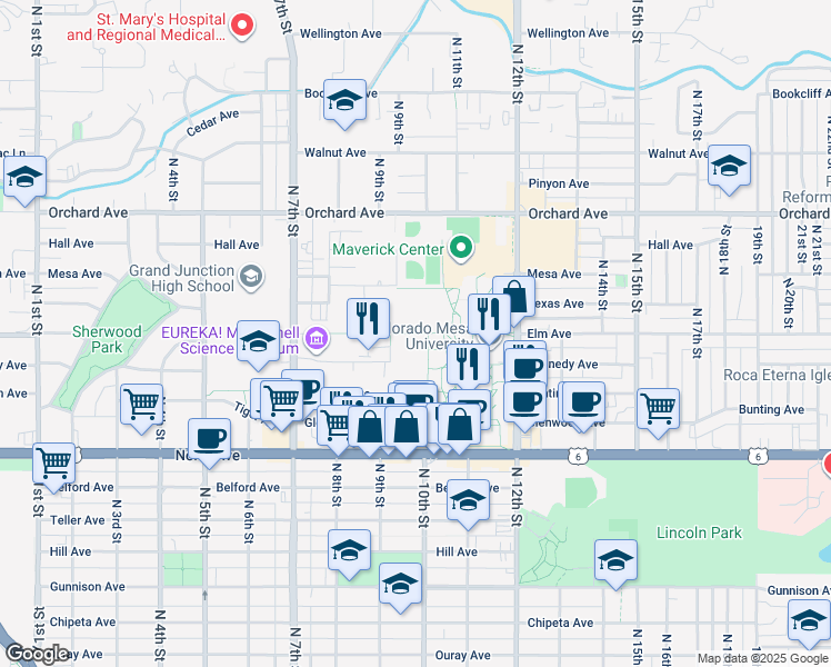 map of restaurants, bars, coffee shops, grocery stores, and more near 960 Elm Avenue in Grand Junction