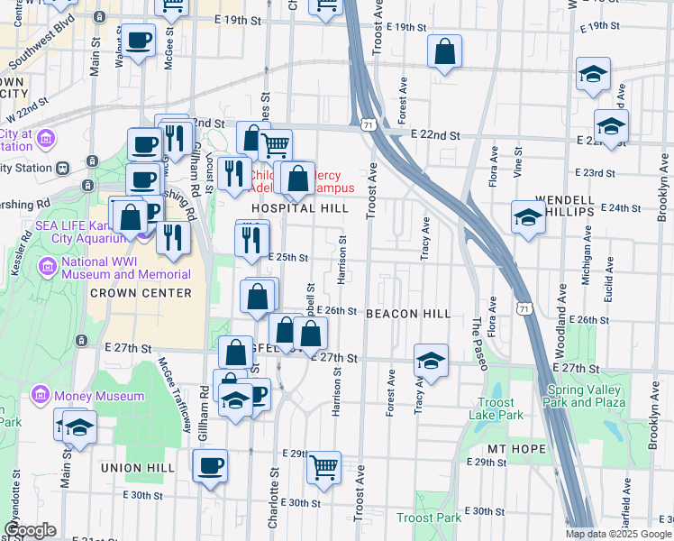 map of restaurants, bars, coffee shops, grocery stores, and more near 2510 Harrison Street in Kansas City