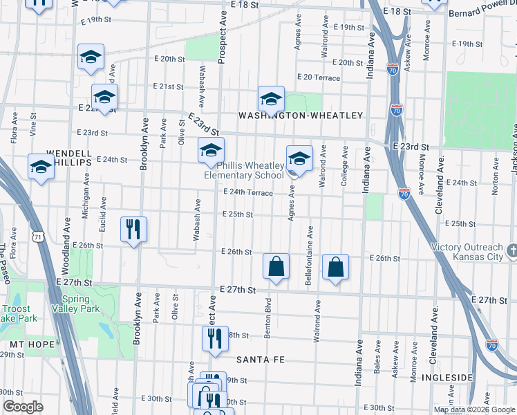 map of restaurants, bars, coffee shops, grocery stores, and more near 2453 Chestnut Avenue in Kansas City