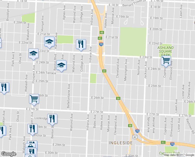 map of restaurants, bars, coffee shops, grocery stores, and more near 2451 Bales Avenue in Kansas City