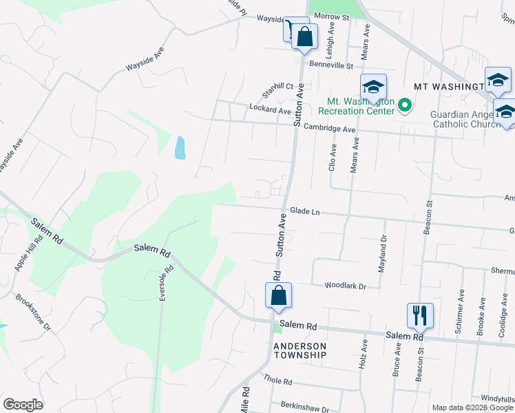 map of restaurants, bars, coffee shops, grocery stores, and more near 6047 Glade Avenue in Cincinnati