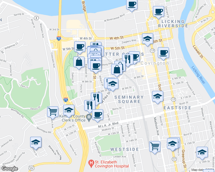 map of restaurants, bars, coffee shops, grocery stores, and more near 826 Willard Street in Covington